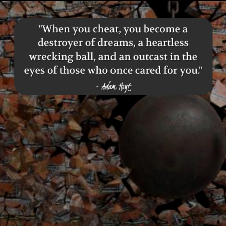 "When you cheat, you become a destroyer of dreams, a heartless wrecking ball, and an outcast in the eyes of those who once cared for you." - Adam Hoyt