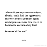 "If I could put my arms around you, if only I could find the right words, if I swept you off your feet again, would you remember how it feels to bask in the warmth of my love? Dreamer 'til the end." - Adam Hoyt