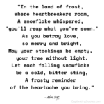 "In the land of frost, where heartbreakers roam, A snowflake whispered, 'you'll reap what you've sown.' As you betray love, so merry and bright, May your stocks be empty, your tree without light. Let each falling snowflake be a cold, bitter sting, A frosty reminder of the heartache you bring." - Adam Hoyt