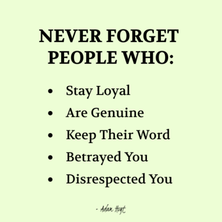 "NEVER FORGET PEOPLE WHO: Stay Loyal, Are Genuine, Keep Their Word, Betrayed You, Disrespected You." - Adam Hoyt