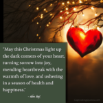 "May this Christmas light up the dark corners of your heart, turning sorrow into joy, mending heartbreak with the warmth of love, and ushering in a season of health and happiness." - Adam Hoyt