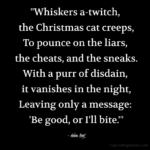 "Whiskers a-twitch, the Christmas cat creeps, To pounce on the liars, the cheats, and the sneaks. With a purr of disdain, it vanishes in the night, Leaving only a message: 'Be good, of I'll bite'" - Adam Hoyt