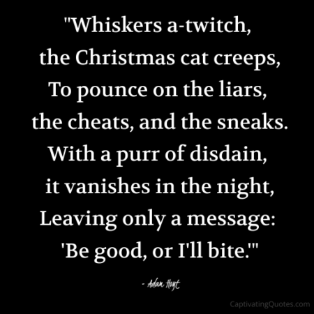 "Whiskers a-twitch, the Christmas cat creeps, To pounce on the liars, the cheats, and the sneaks. With a purr of disdain, it vanishes in the night, Leaving only a message: 'Be good, of I'll bite'" - Adam Hoyt