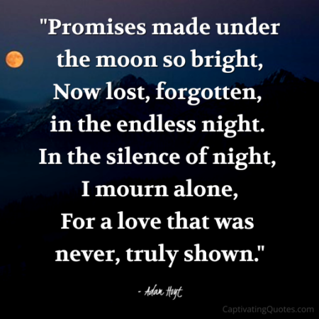 "Promises made under the moon so bright, Now lost, forgotten, in the endless night. In the silence of night, I mourn along, For a love that was never truly shown." - Adam Hoyt